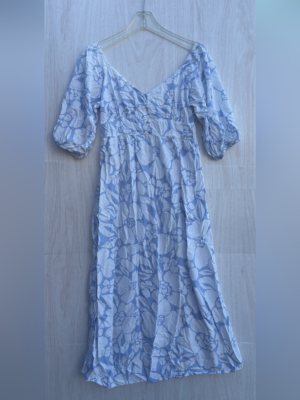 Billabong Light Blue and White Floral Puff-Sleeve Dress